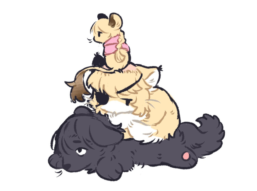 1girl 2boys animalization badeni braid capelet cat chi.:_chikyuu_no_undou_ni_tsuite dog eyepatch full_body jolenta k_morghania mouse_(animal) mouse_on_head multiple_boys no_humans oczy pink_capelet single_braid sitting sitting_on_head sitting_on_person tonsure white_background