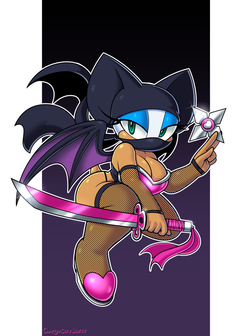 absurd_res anthro big_breasts breasts chiropteran cleavage clothed clothing female fishnet fishnet_armwear fishnet_clothing fishnet_legwear hi_res katana legwear looking_at_viewer mammal mask melee_weapon ninja omegasunburst ranged_weapon reverse_grip rouge_the_bat sega shuriken skimpy solo sonic_the_hedgehog_(series) sword warrior weapon wings