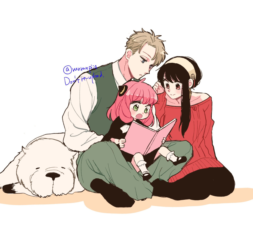 1boy 2girls ahoge anya_(spy_x_family) black_dress black_hair black_pantyhose black_shoes blonde_hair blue_eyes bond_(spy_x_family) book breasts child collared_shirt dress earrings full_body gold_earrings green_eyes green_pants green_vest hairband hairpods highres holding holding_book indian_style jewelry kneeling long_hair mary_janes medium_breasts medium_hair multiple_girls off-shoulder_dress off_shoulder open_mouth pants pantyhose parted_bangs pink_hair reading red_dress red_eyes red_sweater shirt shoes short_hair sidelocks sitting sitting_on_lap sitting_on_person smile socks spy_x_family sweater sweater_dress tori_(runrunpiia) twilight_(spy_x_family) twitter_username updo vest white_background white_hairband white_shirt white_socks yor_briar