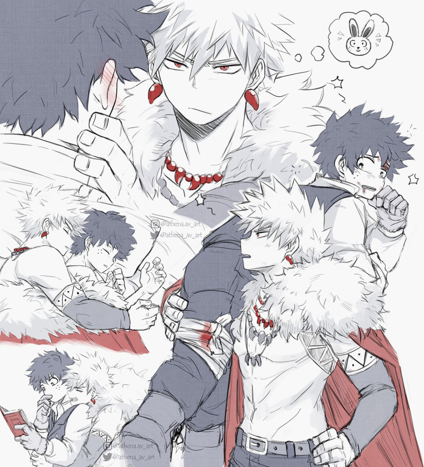 2boys athena_av bakugou_katsuki bandaged_leg bandages bare_shoulders belt blood blood_on_bandages blood_on_face blush boku_no_hero_academia book boots bunny cape carrying_over_shoulder closed_eyes closed_mouth commentary ear_blush earrings english_commentary freckles fur-trimmed_cape fur_trim gloves hand_on_another's_face hand_on_another's_leg hand_on_hip hatching_(texture) highres holding holding_book hug hug_from_behind instagram_logo instagram_username jewelry linear_hatching long_sleeves looking_at_another lying male_focus midoriya_izuku multiple_boys multiple_necklaces multiple_views necklace official_alternate_costume on_side open_book open_mouth pants pillow reading red_cape red_eyes short_hair spiked_hair spot_color thought_bubble topless_male twitter_logo twitter_username under_covers white_background yaoi