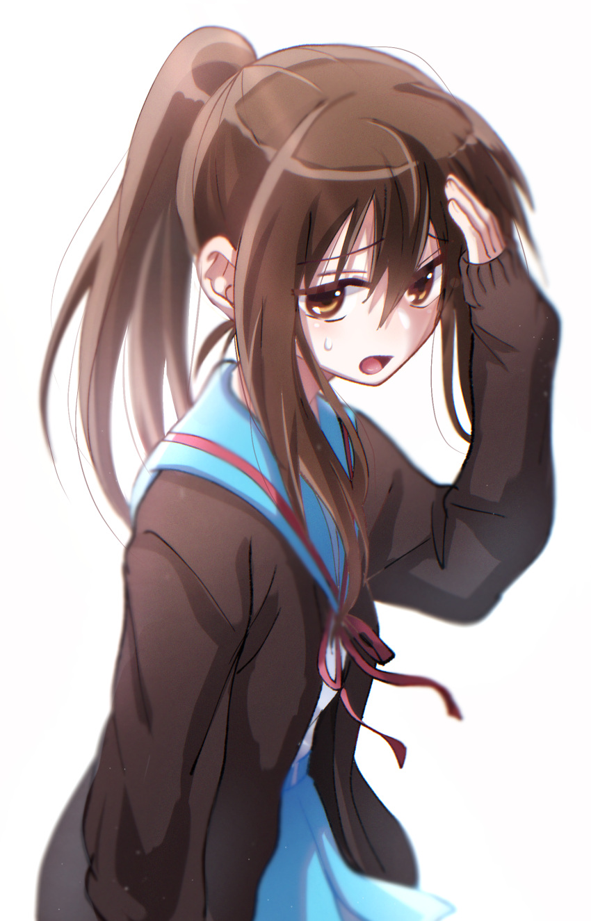 1girl absurdres bangs blue_sailor_collar blue_skirt brown_cardigan brown_eyes brown_hair cardigan commentary_request eyebrows_visible_through_hair genderswap genderswap_(mtf) hand_on_forehead highres kita_high_school_uniform kyonko long_hair long_sleeves looking_at_viewer open_cardigan open_clothes open_mouth ponytail red_ribbon reguashi ribbon sailor_collar school_uniform serafuku simple_background skirt solo suzumiya_haruhi_no_yuuutsu sweatdrop white_background