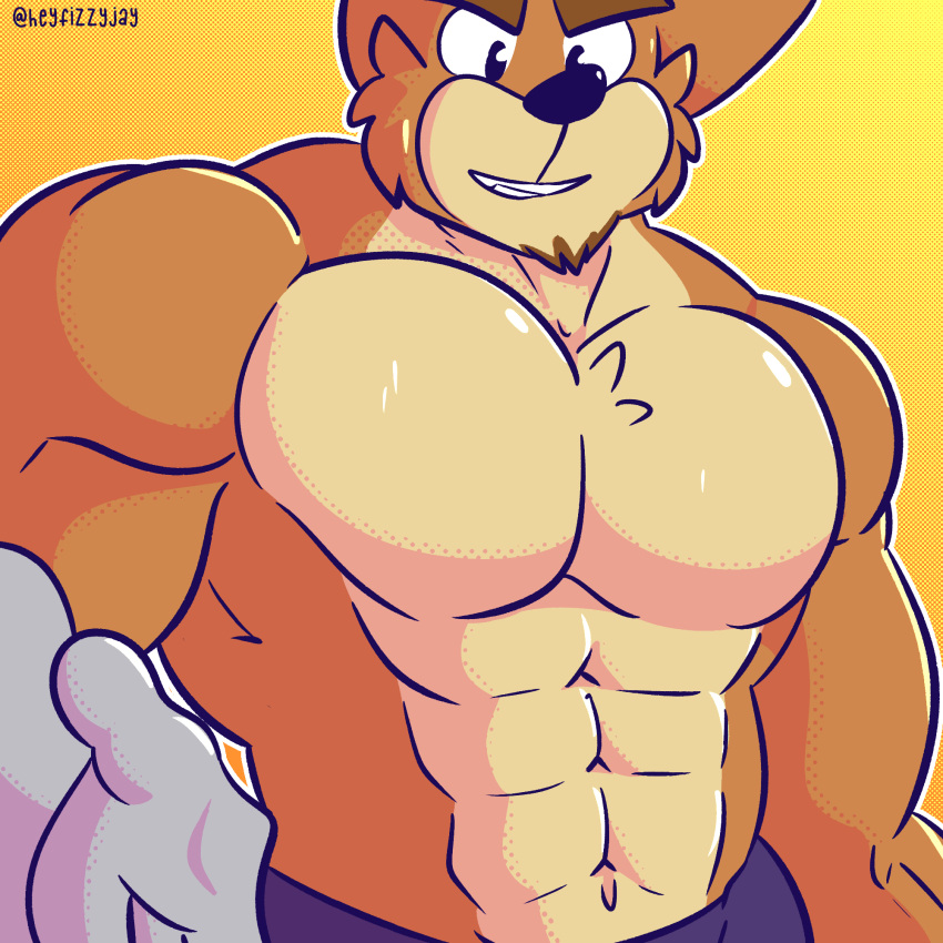 1:1 2022 abs activision anthro bandicoot big_muscles bottomwear clothed clothing crash_bandicoot_(series) crunch_bandicoot eyebrows fizzyjay fur hi_res huge_muscles looking_at_viewer male mammal marsupial muscular muscular_anthro muscular_male navel obliques pants pecs simple_background smile solo standing teeth text topless topless_anthro topless_male tuft url video_games yellow_background