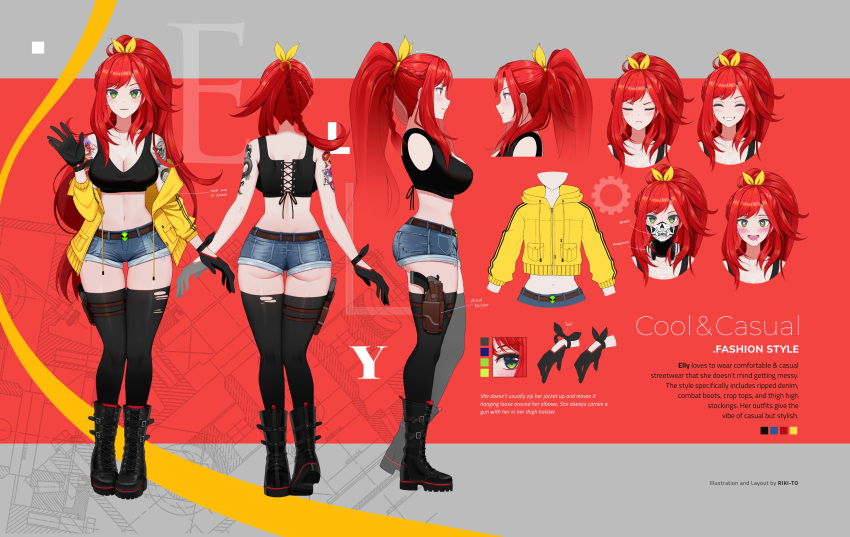 ^_^ absurdres arm_tattoo ass black_gloves character_sheet closed_eyes color_guide elly_(vtuber) english_commentary english_text eyebrows_visible_through_hair gloves green_eyes highres hood hooded_jacket indie_virtual_youtuber jacket long_hair mask mouth_mask multiple_views off_shoulder official_art ponytail pout red_hair rizky_(strated) second-party_source short_shorts shorts tattoo thick_thighs thighs v-shaped_eyebrows very_long_hair virtual_youtuber waving yellow_jacket