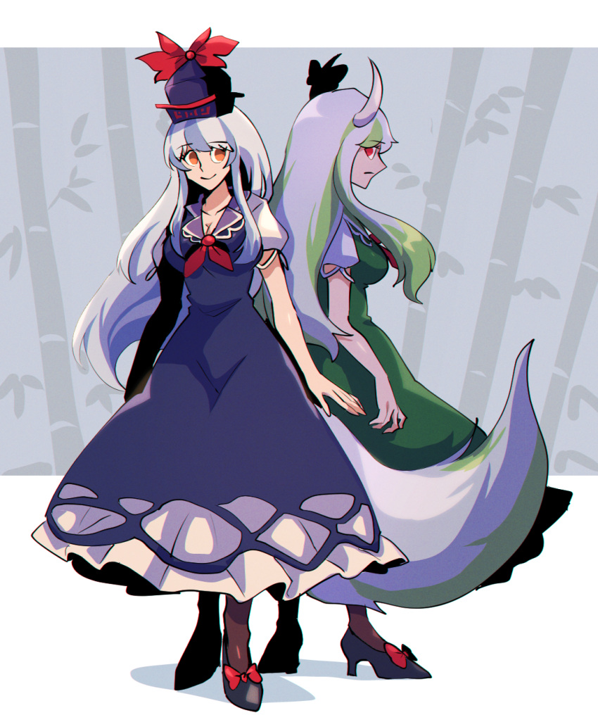 2girls bamboo bangs black_footwear black_legwear blue_dress blue_sky bow bowtie breasts cleavage dress ex-keine eyebrows_visible_through_hair footwear_bow full_body green_dress green_hair hair_between_eyes hat hat_ribbon high_heels highres horn_ornament horn_ribbon horns iganashi1 kamishirasawa_keine large_breasts long_hair looking_at_viewer multicolored_hair multiple_girls neckerchief one-hour_drawing_challenge puffy_short_sleeves puffy_sleeves red_bow red_bowtie red_eyes red_neckerchief ribbon short_sleeves sky smile standing tail touhou two-tone_hair white_hair