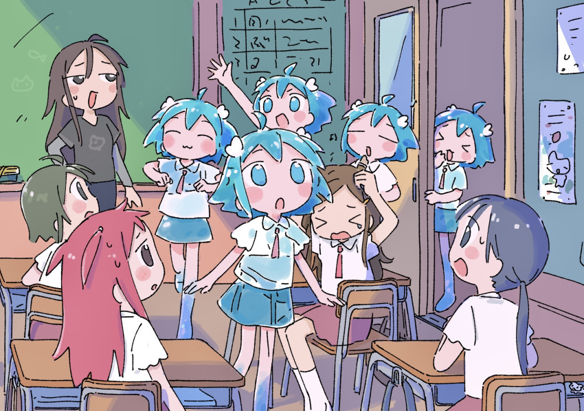 &gt;_&lt; 1nupool 6+girls :3 :d :o ahoge black_hair blue_eyes brown_hair classroom clone highres indoors liquid_clothes liquid_hair long_hair multiple_girls original ponytail red_hair school_uniform short_hair smile water water_elemental