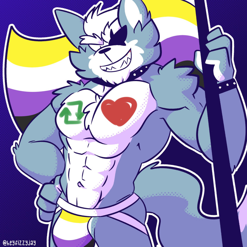 &lt;3 2022 abs anthro big_bulge big_muscles blue_background bodypaint bracelet bulge canid canine canis clothing collar eye_patch eyebrows eyewear fizzyjay flag fur hair hand_on_hip hi_res holding_flag holding_object jewelry jockstrap lgbt_pride looking_at_viewer male mammal muscular muscular_anthro muscular_male navel nintendo nonbinary_pride_colors obliques pecs pride_color_clothing pride_color_underwear pride_colors retweet simple_background smile solo standing star_fox teeth text tuft twitter underwear url video_games wolf wolf_o'donnell