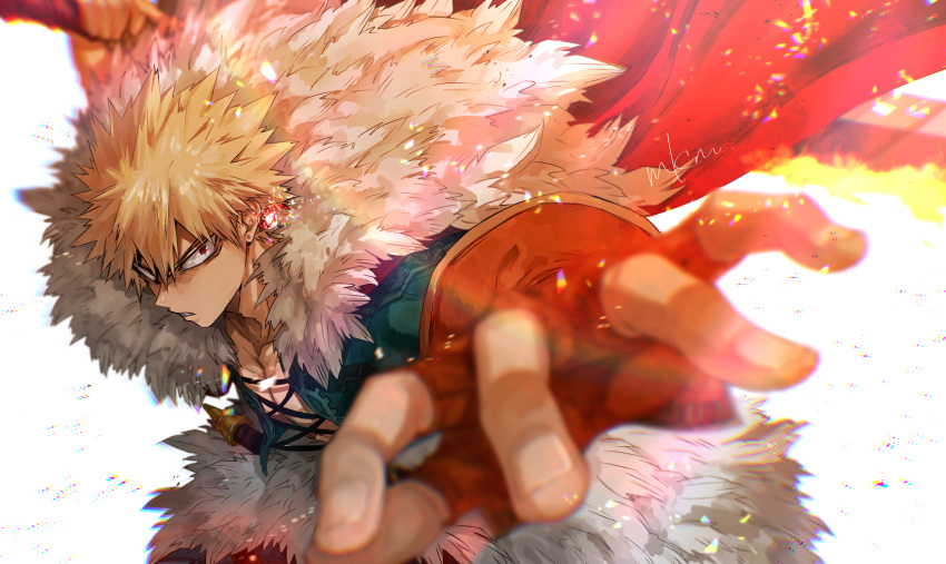 1boy bakugou_katsuki blonde_hair blurry boku_no_hero_academia cape depth_of_field earrings fingerless_gloves fur_collar gloves glowing highres jewelry lens_flare looking_at_viewer male_focus mkm_(mkm_storage) overexposure red_cape red_eyes red_gloves signature solo sparkle spiked_hair white_background