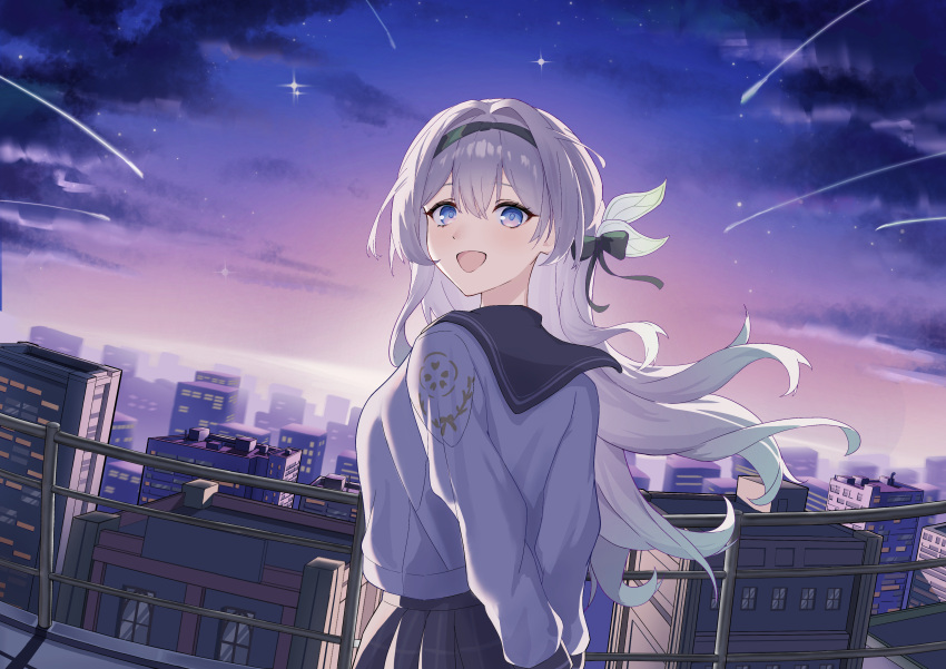 1girl absurdres arms_behind_back black_hairband breasts building firefly_(honkai:_star_rail) firefly_(spring_missive)_(honkai:_star_rail) gradient_hair green_hair grey_hair hair_between_eyes hairband highres honkai:_star_rail honkai_(series) light_blush long_hair looking_at_viewer medium_breasts multicolored_hair murasakinoa official_alternate_costume open_mouth pink_hair scenery school_uniform sky smile solo sunset