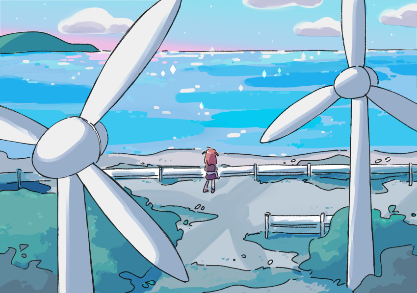 1girl 1nupool cloud facing_away highres horizon ocean original outdoors railing red_hair scenery sky solo water wind_turbine