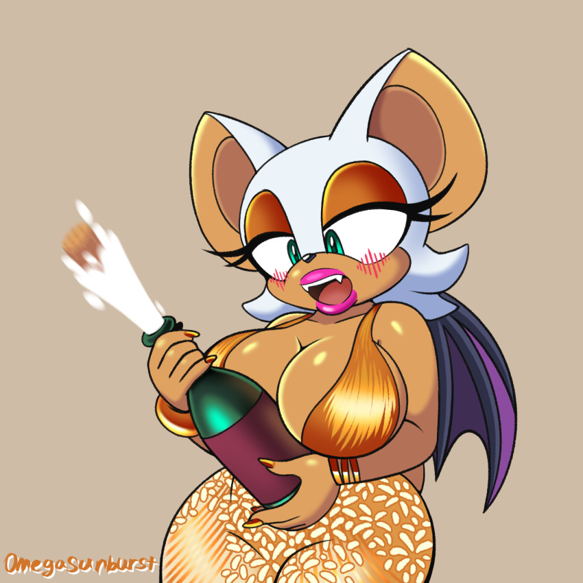 alcohol anthro beverage big_breasts blush breasts champagne chiropteran cleavage clothed clothing dress female hi_res lipstick makeup mammal omegasunburst open_mouth rouge_the_bat sega solo sonic_the_hedgehog_(series) wide_hips wings