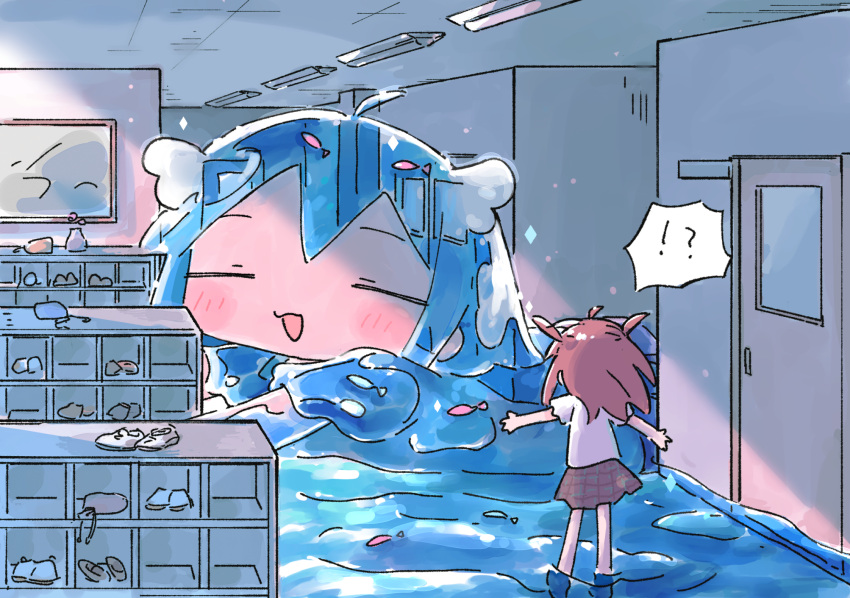 !? 1nupool 2girls ahoge blush_stickers flood giant giantess highres indoors liquid_hair long_hair multiple_girls original red_hair school_uniform short_hair wading water water_elemental