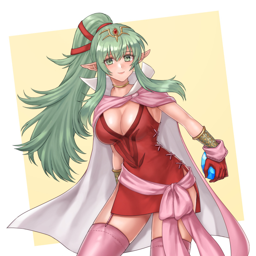 1girl blush breasts cape cleavage dress fire_emblem fire_emblem_awakening garter_straps gem gloves green_eyes green_hair hair_ornament hazuki_(nyorosuke) highres large_breasts long_hair pink_legwear pointy_ears ponytail red_dress short_dress side_slit simple_background smile solo strapless strapless_dress thighhighs tiki_(fire_emblem) zettai_ryouiki