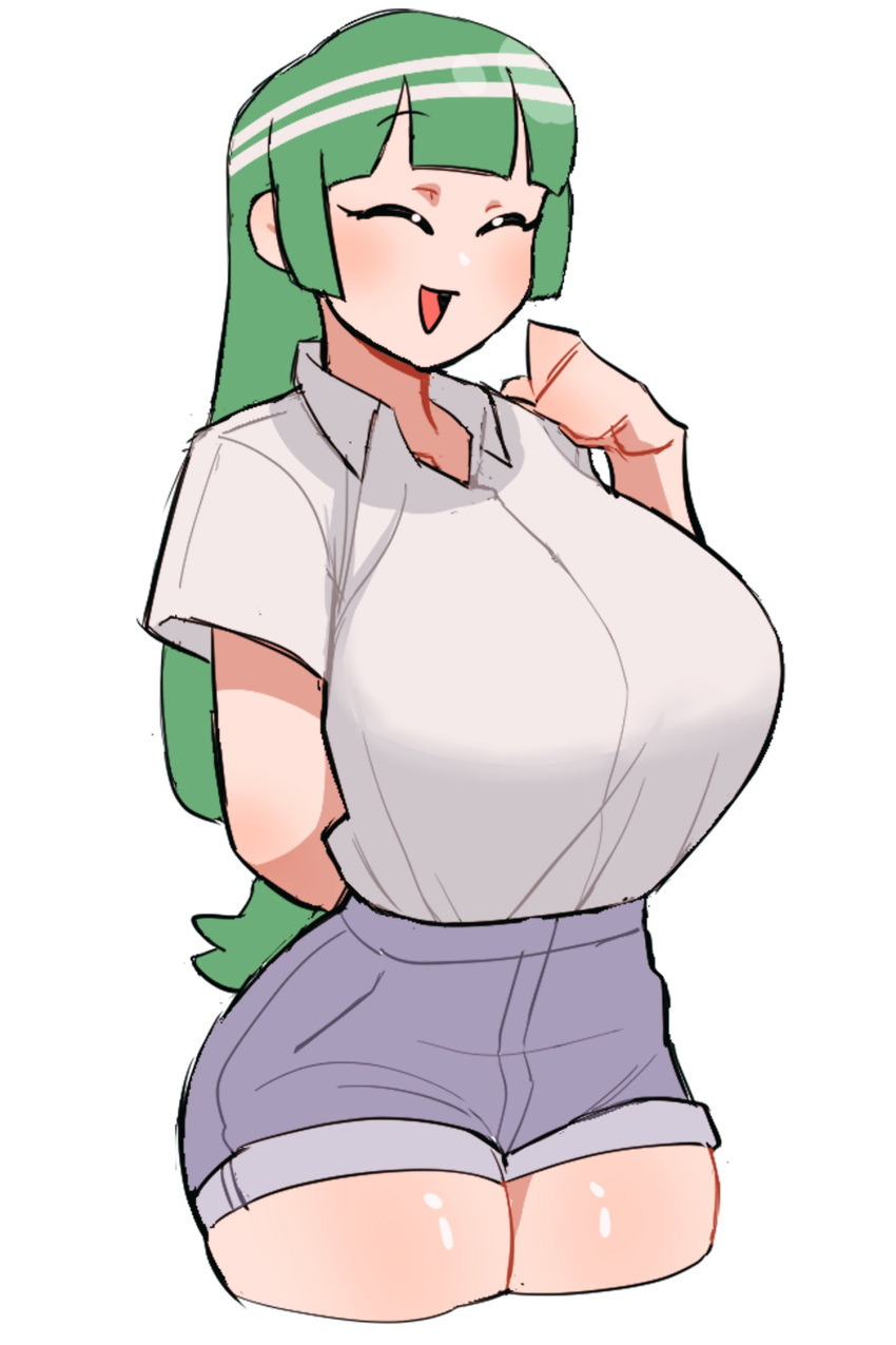 1girl :d ^_^ arm_behind_back bangs blunt_bangs breasts closed_eyes commentary_request cropped_legs drawlomong24 eyebrows_visible_through_hair green_hair highres korean_commentary large_breasts long_hair low-tied_long_hair open_mouth original shirt short_shorts short_sleeves shorts simple_background smile solo tented_shirt white_background white_shirt