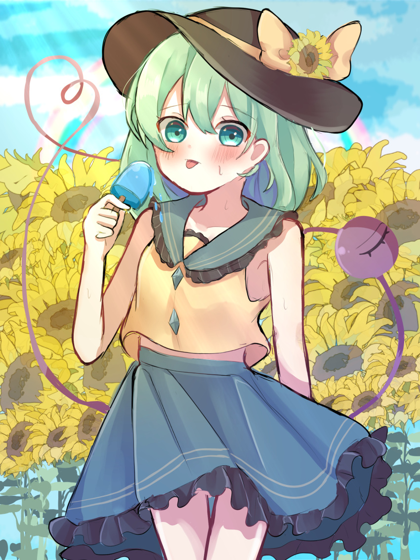 1girl adapted_costume aqua_eyes armpits bangs bare_shoulders black_headwear blouse blue_sky blush buttons cloud collared_blouse commentary cowboy_shot day diamond_button dorowa_(drawerslove) eyeball eyebrows_visible_through_hair flower food frilled_shirt_collar frilled_skirt frills green_hair green_skirt hair_between_eyes hand_up hat hat_flower hat_ribbon heart heart_of_string highres holding holding_food komeiji_koishi looking_at_viewer medium_hair medium_skirt one-hour_drawing_challenge outdoors popsicle ribbon skirt sky sleeveless_blouse solo standing sunflower sweat sweatdrop third_eye tongue tongue_out touhou wavy_hair yellow_blouse yellow_ribbon