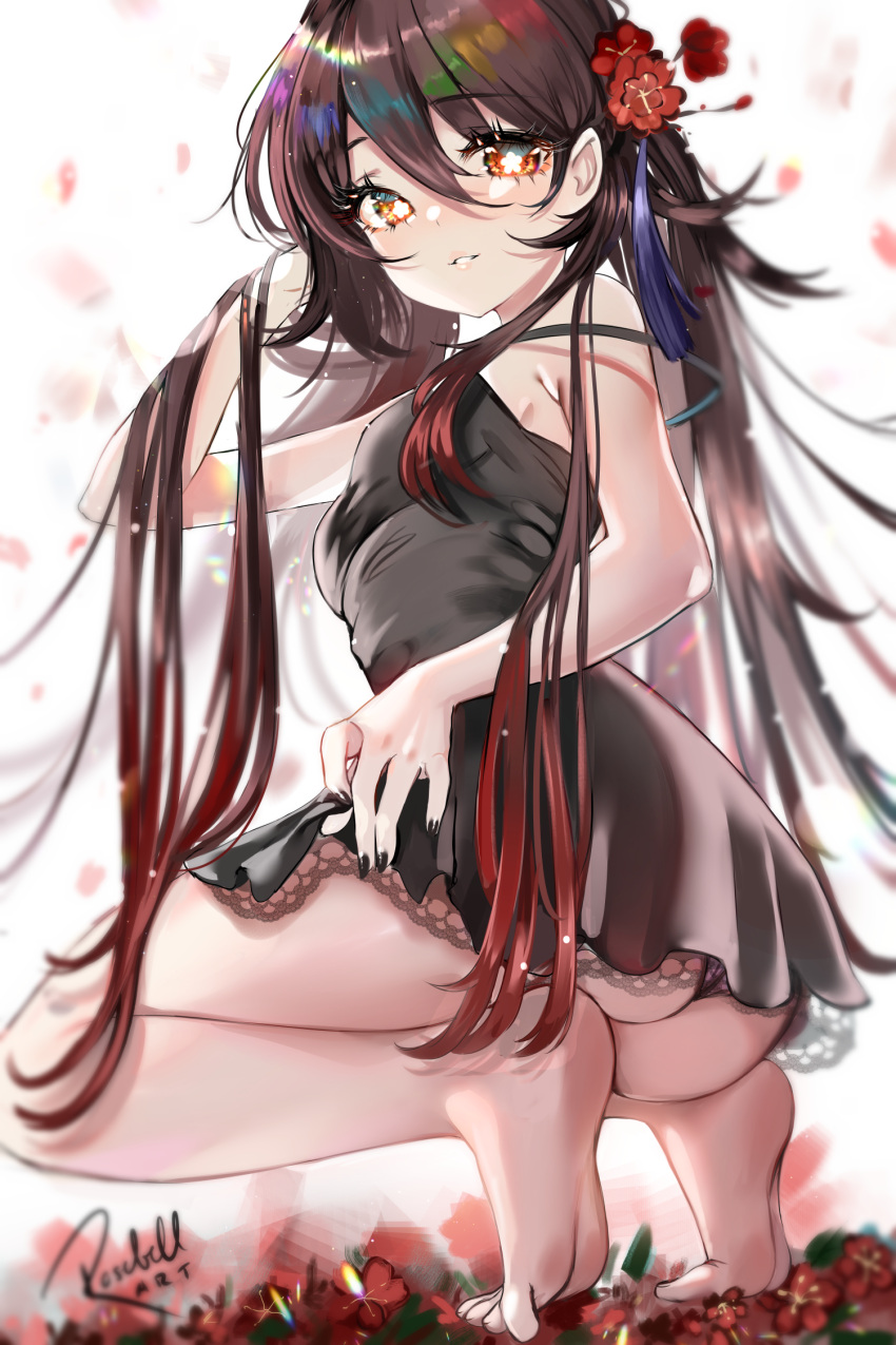 1girl ass bare_shoulders barefoot black_dress black_nails brown_hair dress flower frilled_dress frills full_body genshin_impact hair_flower hair_ornament hand_in_hair highres hu_tao_(genshin_impact) long_hair looking_at_viewer multicolored_hair nail_polish panties red_eyes red_hair rosebell sleeveless sleeveless_dress smile solo squatting star-shaped_pupils star_(symbol) strap_slip symbol-shaped_pupils two-tone_hair underwear upskirt