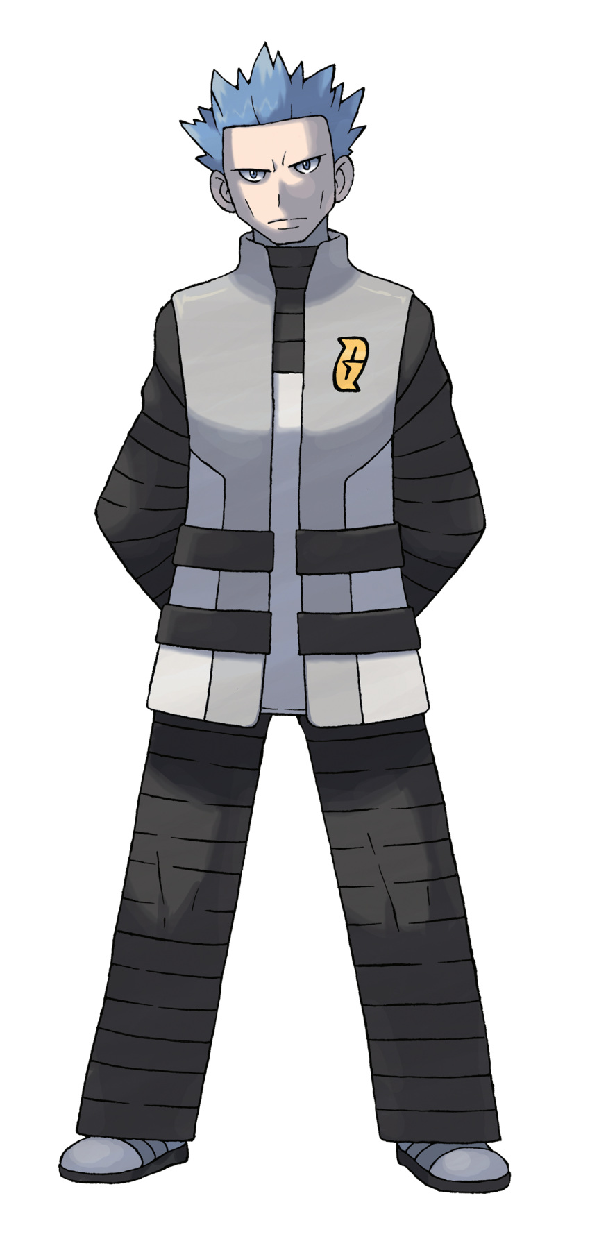 1boy absurdres arms_behind_back black_pants black_shirt blue_hair closed_mouth cyrus_(pokemon) frown full_body grey_footwear grey_vest highres legs_apart logo male_focus official_art open_clothes open_vest pants pokemon pokemon_(game) pokemon_dppt shirt shoes short_hair solo spiked_hair standing sugimori_ken team_galactic team_galactic_uniform transparent_background vest
