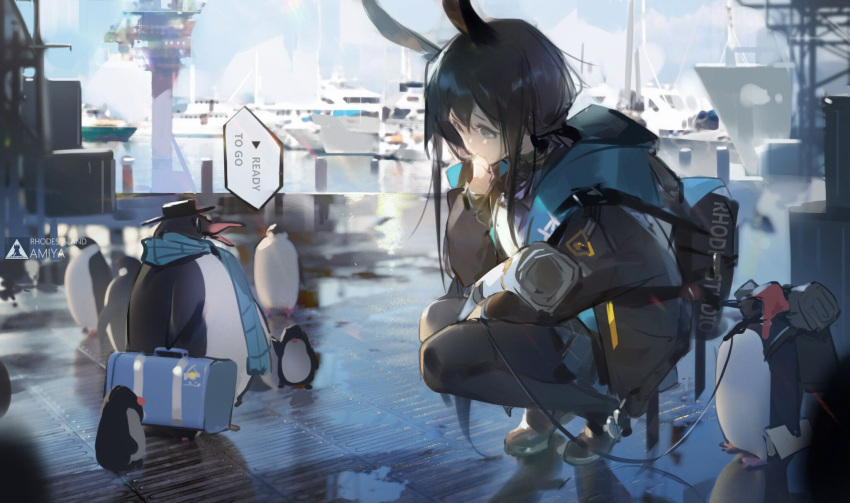 1girl amiya_(arknights) animal animal_ears arknights backpack bag bangs bird black_coat black_hair black_legwear blue_eyes blue_scarf brown_footwear character_name clothed_animal coat covering_mouth day english_text harbor highres hood hood_down long_hair long_sleeves open_clothes open_coat outdoors pantyhose penguin rabbit_ears scarf ship solo squatting tracyton watercraft