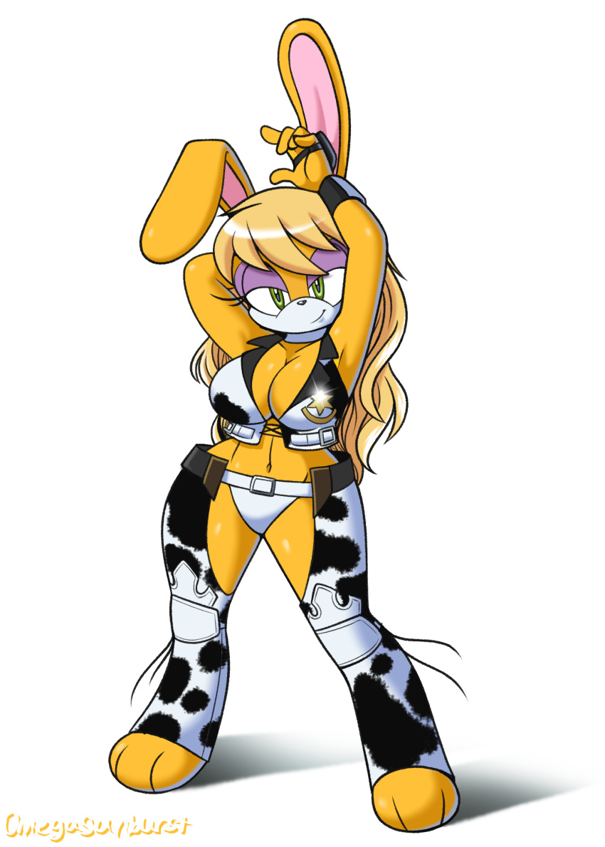 2020 animal_print anthro archie_comics arm_above_head arms_above_head badge barefoot big_breasts biped black_bottomwear black_clothing blonde_hair bottomwear breasts bunnie_rabbot chaps cleavage clothed clothing cosplay cow_print crossover crossover_cosplay digital_media_(artwork) dixie_clemets feet female fur green_eyes hair hi_res lagomorph leporid long_hair looking_at_viewer mammal midriff omegasunburst rabbit rumble_roses sega smile solo sonic_the_hedgehog_(archie) sonic_the_hedgehog_(comics) sonic_the_hedgehog_(series) standing white_bottomwear white_clothing yellow_body yellow_fur