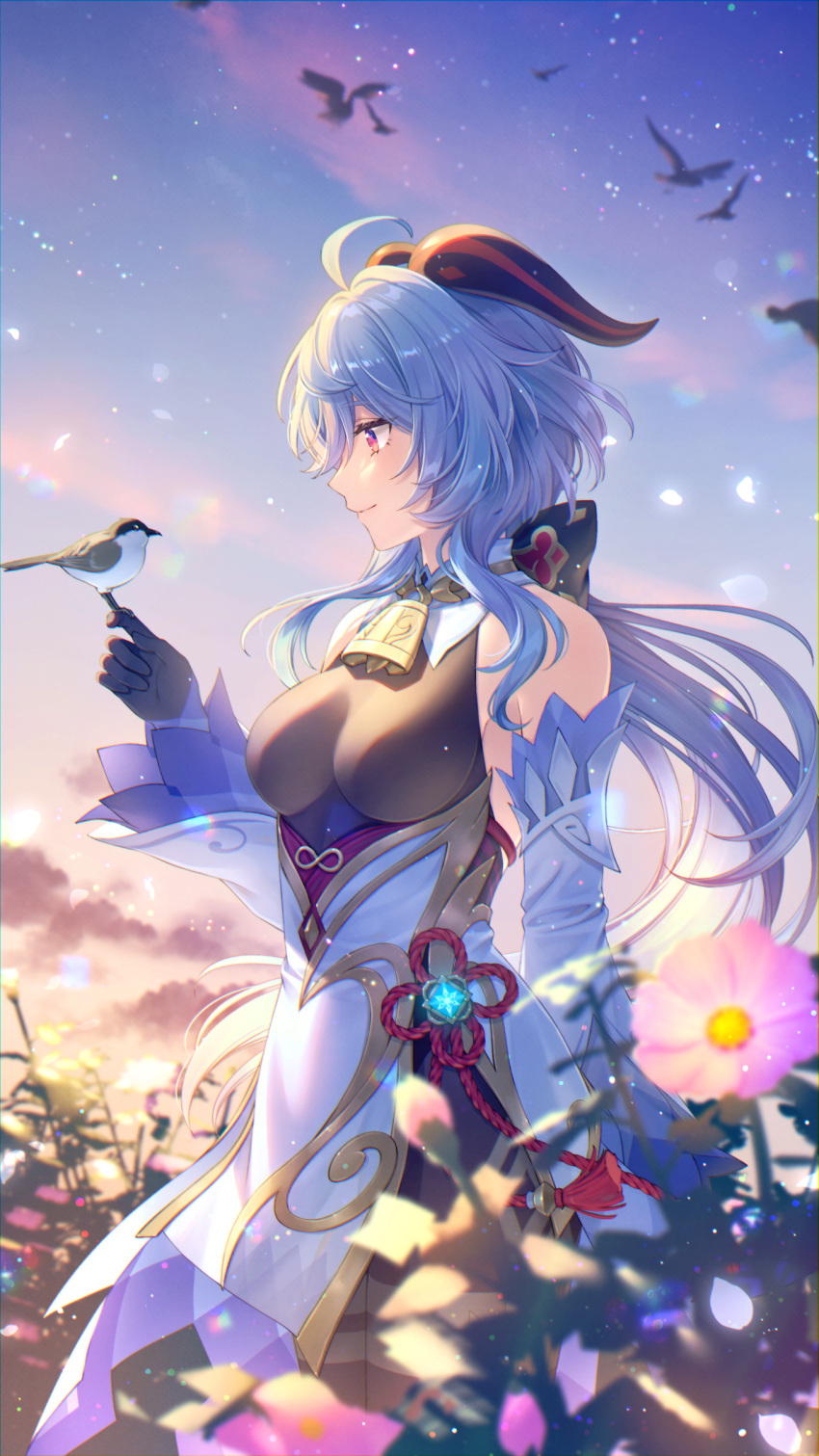 1girl absurdres ahoge akatsuki_(4941086) bare_shoulders bell bird black_gloves blue_hair bow breasts chinese_knot detached_sleeves dusk evening eyebrows_visible_through_hair flower flower_knot ganyu_(genshin_impact) genshin_impact gloves gold_trim gradient_sky highres horns light_smile long_hair looking_at_another looking_to_the_side low_ponytail medium_breasts neck_bell orange_sky outdoors petals purple_eyes red_rope revision rope sidelocks sky solo standing tassel vision_(genshin_impact) white_sleeves