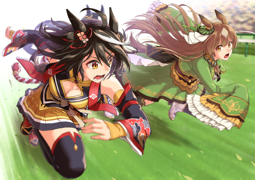 2girls abo_(hechouchou) animal_ears black_hair blurry blurry_background breasts brown_hair cleavage detached_sleeves hair_between_eyes hair_ornament highres horse_ears kitasan_black_(umamusume) large_breasts long_hair long_sleeves medium_hair multiple_girls open_mouth racetrack running satono_diamond_(umamusume) sweat thighhighs umamusume