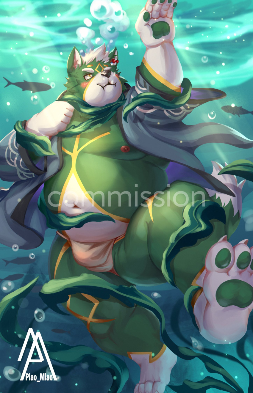 2022 ambient_sealife anthro asian_clothing asphyxiation belly black_nose bulge canid canine canis clothing distracting_watermark domestic_dog drowning east_asian_clothing fundoshi green_body hi_res humanoid_hands japanese_clothing kemono male mammal marine moobs navel nipples overweight overweight_male piao_miao underwater underwear water watermark white_clothing white_fundoshi white_underwear