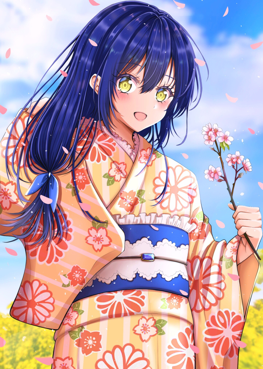 1girl bangs birthday blue_hair blue_sky blush cloud cloudy_sky commentary eyebrows_visible_through_hair field floral_print flower flower_field highres holding holding_flower japanese_clothes kimono long_hair looking_at_viewer love_live! love_live!_school_idol_project low_ponytail meimaru petals sidelocks sky smile sonoda_umi yellow_eyes yukata