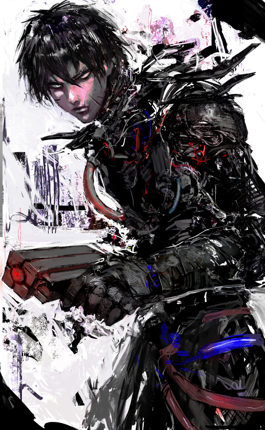 1boy absurdres black_bodysuit black_hair blame! bodysuit closed_mouth cow cowboy_shot graviton_beam_emitter grey_eyes gun hair_between_eyes handgun highres holding holding_gun holding_weapon killy kyezzzz looking_at_viewer male_focus scar scar_on_cheek scar_on_face short_hair solo standing weapon