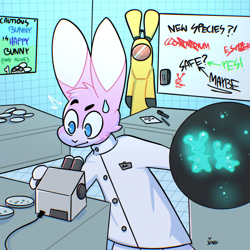 absurd_res ambiguous_gender anthro bodily_fluids cheek_tuft clothing coat facial_tuft fur glowing group hazmat_suit hi_res humor lab_coat laboratory lagomorph leporid male mammal micro_organism_(organism) microscope microscopic pink_body pink_fur rabbit science_experiment suprised_look surprise sweat sweatdrop the_xing1 topwear tuft white_body white_fur wide_eyed