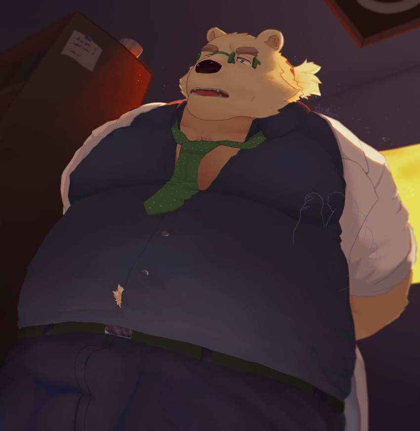 2022 absurd_res acdim anthro belly bookshelf bottomwear bulge clothing detailed_background eyewear furniture glasses hi_res inside kemono leib_(tas) lifewonders male mammal obese obese_male overweight overweight_male pants polar_bear solo_focus tokyo_afterschool_summoners ursid ursine video_games