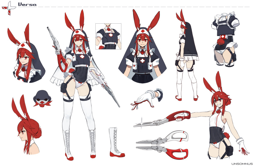 1girl animal_ears ass bare_shoulders boots character_name character_sheet commentary cross cross-laced_footwear english_commentary grin gunblade habit hair_bun highres knee_boots lace-up_boots leotard multiple_views original pouch rabbit_ears rabbit_girl rabbit_tail red_cross red_eyes red_hair scissor_blade sharp_teeth short_sleeves sidelocks simple_background smile tail teeth thigh_strap thighhighs thighhighs_under_boots unsomnus weapon white_background white_legwear