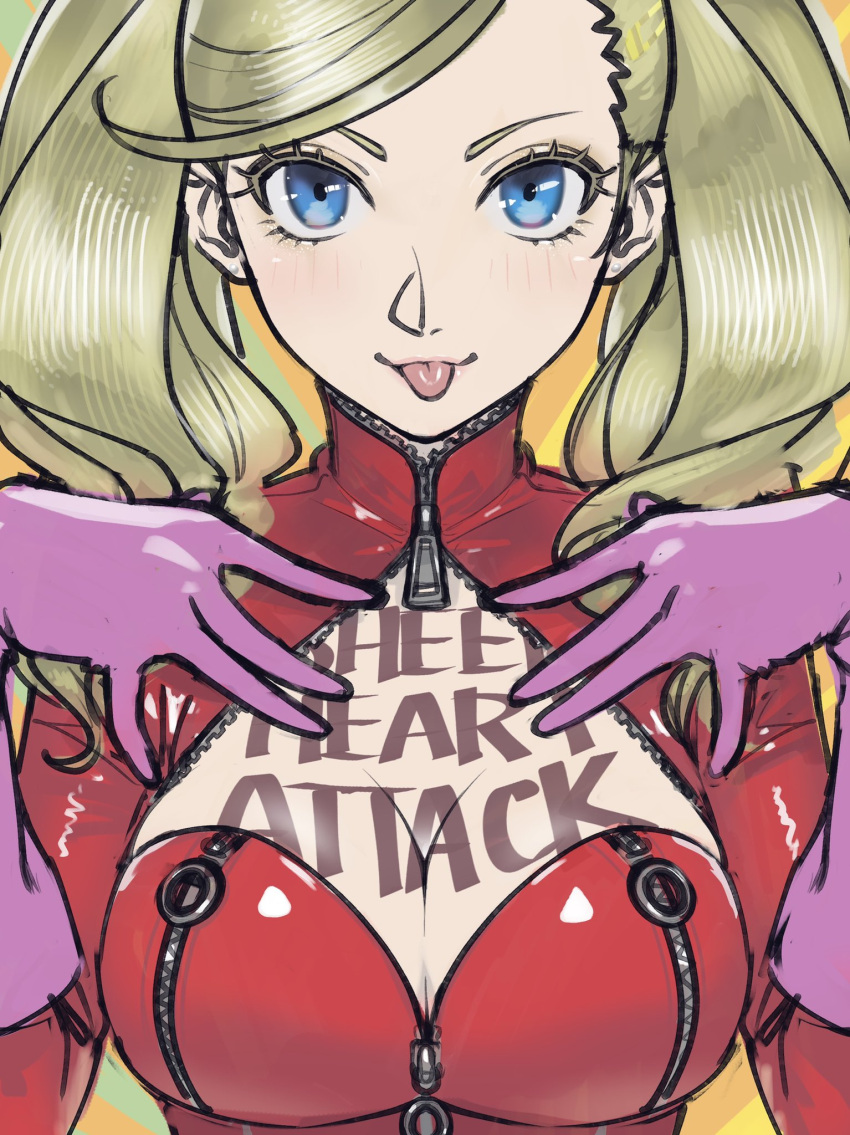 1girl blonde_hair blue_eyes bodysuit breasts catsuit cleavage cleavage_cutout clothing_cutout earrings english_text hair_ornament hairclip highres jacket jewelry large_breasts leather leather_jacket lipstick long_hair long_sleeves makeup persona persona_5 poechan_chan red_lips smile solo sparkle takamaki_anne tongue tongue_out twintails upper_body yellow_background zipper