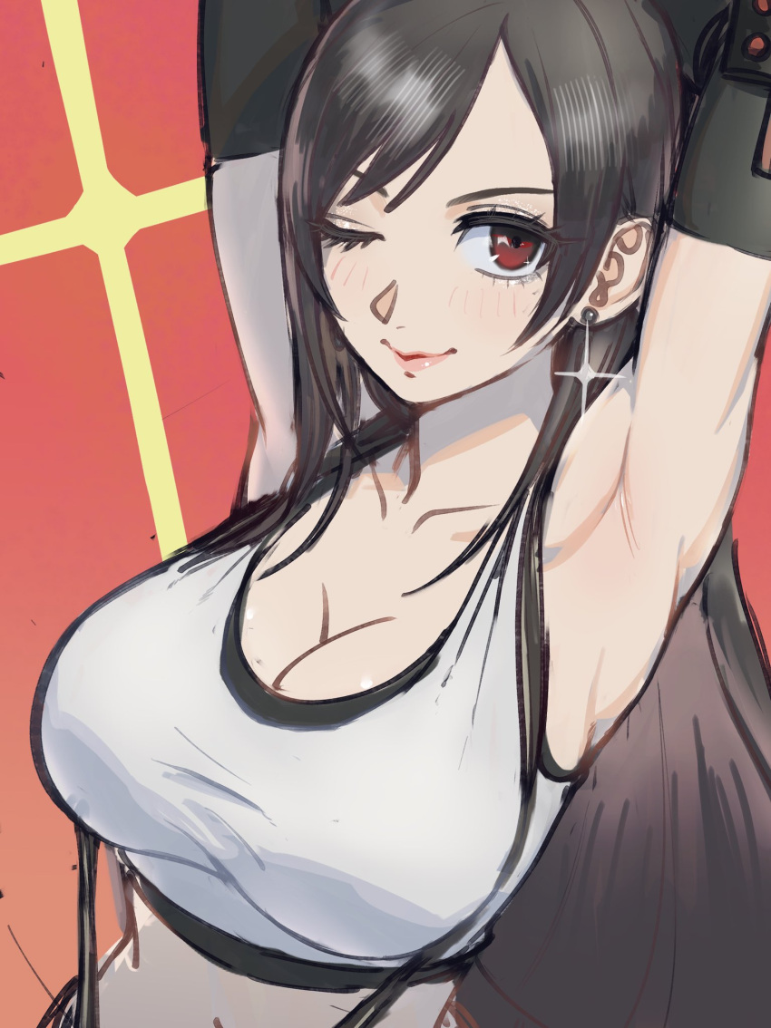 1girl armpits arms_behind_head arms_up black_gloves black_hair black_shorts breasts brown_eyes cleavage closed_mouth collarbone crop_top earrings elbow_gloves final_fantasy final_fantasy_vii final_fantasy_vii_remake gloves highres jewelry large_breasts light_smile long_hair looking_at_viewer navel one_eye_closed poechan_chan red_background shirt shorts simple_background smile solo sparkle suspenders tifa_lockhart upper_body white_background white_shirt
