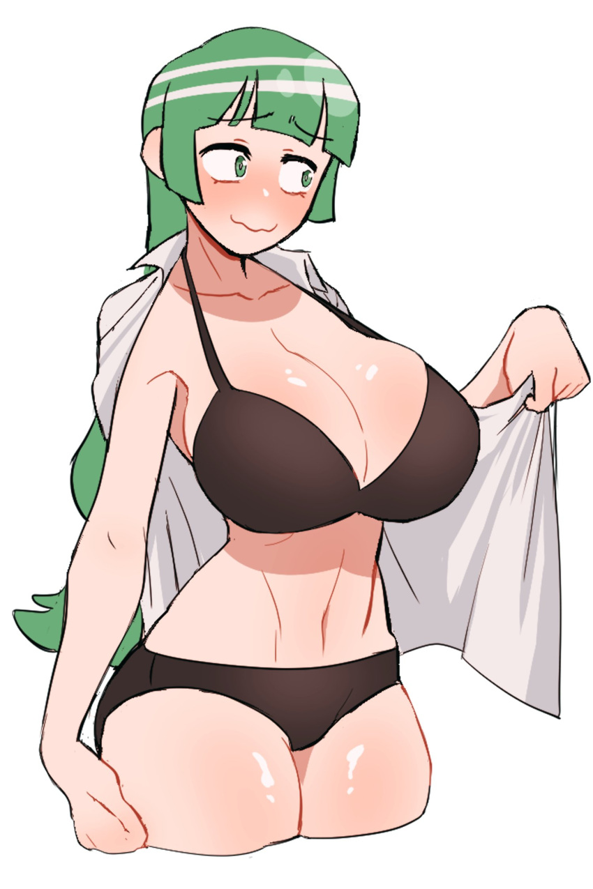 1girl bangs black_bra black_panties blunt_bangs blush bra breasts commentary_request constricted_pupils cropped_legs drawlomong24 embarrassed eyebrows_visible_through_hair green_eyes green_hair highres korean_commentary large_breasts long_hair looking_away looking_to_the_side low-tied_long_hair open_clothes open_shirt original panties shirt shirt_on_shoulders simple_background smile solo underwear undressing wavy_hair white_background white_shirt