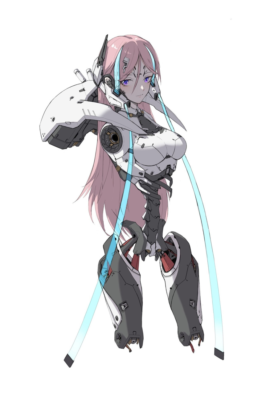 1girl amputee android breasts cable ctpt9r hair_between_eyes headgear highres joints light_smile long_hair looking_at_viewer medium_breasts original pink_hair purple_eyes robot_joints science_fiction solo spine white_background