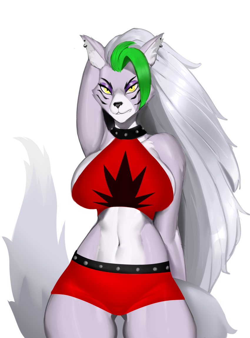 2022 absurd_res anthro bluefoxsart bottomwear breasts butt_from_the_front canid canine canis clothing collar crop_top ear_piercing ear_ring eyebrows eyelashes female five_nights_at_freddy's five_nights_at_freddy's:_security_breach fur hair hand_behind_head hi_res hotpants inner_ear_fluff long_hair looking_at_viewer mammal navel piercing roxanne_wolf_(fnaf) scottgames shirt shorts solo topwear tuft video_games wolf