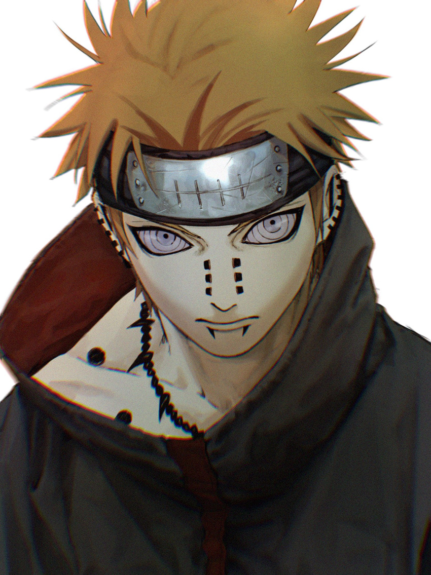 1boy 4myaku1 blonde_hair character_request commentary_request earrings forehead_protector highres hypnosis jewelry looking_at_viewer mind_control naruto_(series) piercing simple_background straight-on tagme