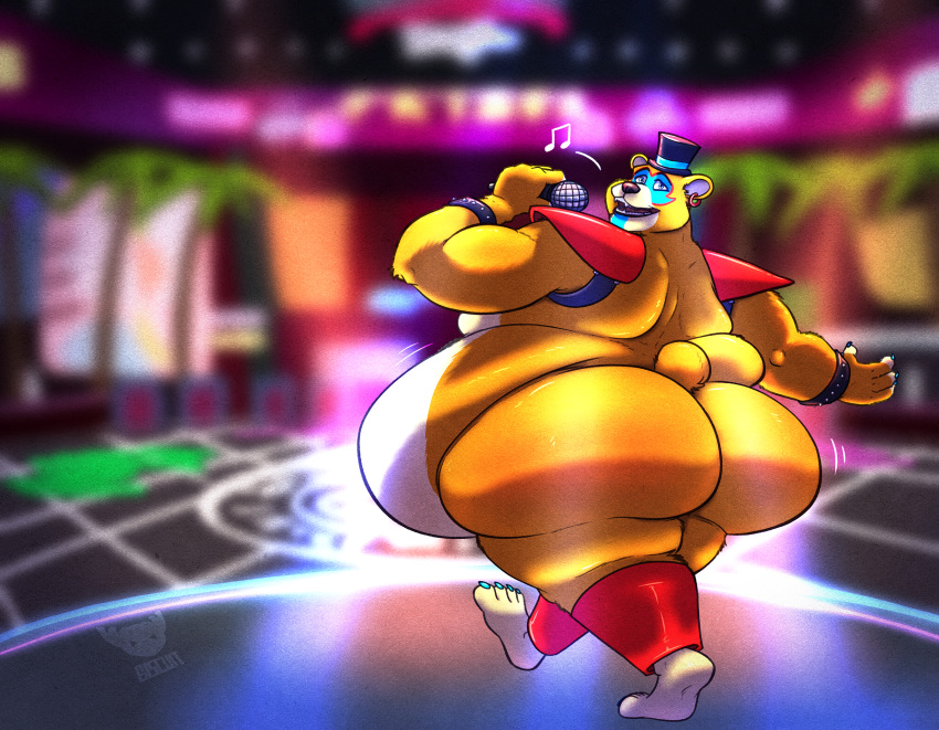 anthro basicbiscuit belly belly_overhang big_belly blurred_background five_nights_at_freddy's five_nights_at_freddy's:_security_breach glamrock_freddy_(fnaf) hi_res inside looking_at_viewer machine male mammal nude overweight overweight_male palm_tree plant robot scottgames solo solo_focus thick_thighs tree ursid video_games