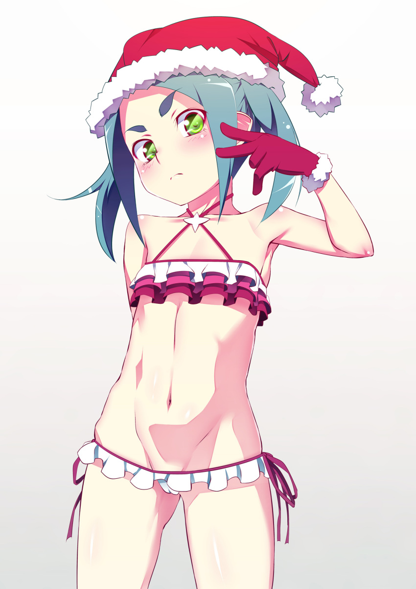 1girl aqua_hair bare_shoulders bikini blush cowboy_shot criss-cross_halter flat_chest frilled_bikini frills fur_trim gloves gradient gradient_background green_eyes halterneck hat highres looking_at_viewer lowleg lowleg_bikini medium_hair monogatari_(series) navel ononoki_yotsugi panties red_gloves santa_hat shiny shiny_skin short_eyebrows side-tie_panties solo swimsuit tanabe_kyou thick_eyebrows two-tone_bikini underwear v