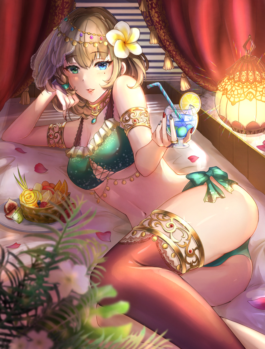 1girl armlet bikini blonde_hair blue_eyes blurry blurry_foreground bow breasts brown_legwear cleavage flower green_bikini green_bow green_eyes grey_nails hair_flower hair_ornament head_rest heterochromia highres idolmaster idolmaster_cinderella_girls indoors looking_at_viewer lying medium_breasts medium_hair mole mole_under_eye multicolored_nails nail_polish nyome991 on_side open_mouth red_nails side-tie_bikini solo swimsuit takagaki_kaede thighhighs underboob white_flower