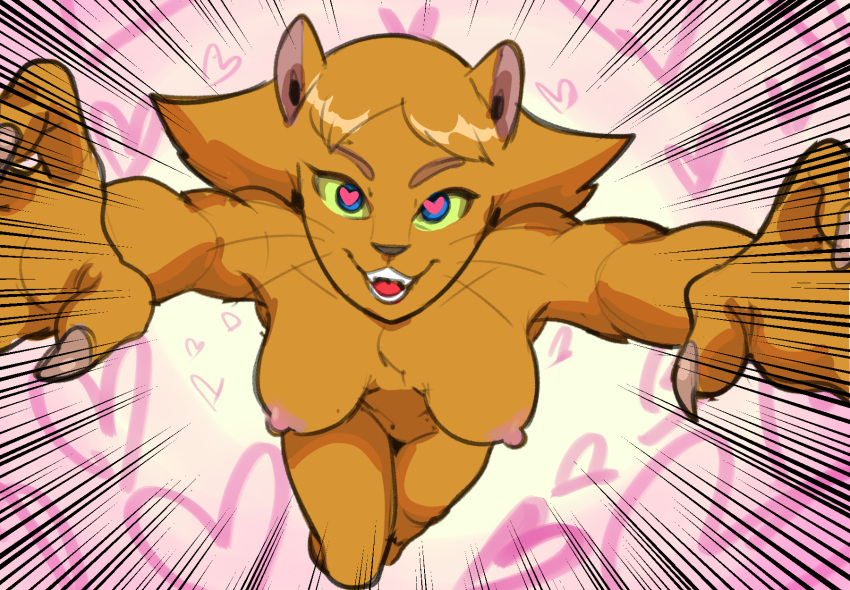 &lt;3 &lt;3_eyes action_pose alternate_species anthro anthrofied blonde_hair breasts claws clover_(totally_spies!) dbaru domestic_cat fangs felid feline felis female hair heart_background hi_res mammal medium_breasts motion_lines nipples nude open_mouth perspective pose pounce reaching_towards_viewer solo totally_spies!