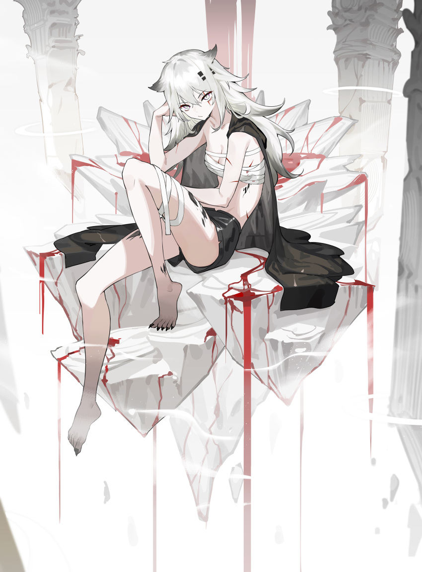 absurdres animal_ears arknights bare_legs barefoot black_cape black_shorts blood breasts cape cleavage closed_mouth collarbone floating_rock full_body grey_eyes highres knee_up krin lappland_(arknights) long_hair medium_breasts nail_polish oripathy_lesion_(arknights) pillar sarashi scar scar_across_eye scar_on_face sharp_toenails short_shorts shorts silver_hair sitting toenail_polish toenails very_long_hair wolf_ears
