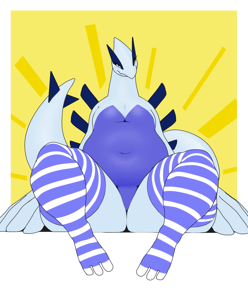 absurd_res ambiguous_gender anthro avian blue_clothing blue_legwear blue_thigh_highs chubby_anthro clothing featureless_crotch front_view hi_res legendary_pok&eacute;mon legwear looking_at_viewer lugia nintendo pattern_clothing pattern_legwear pattern_thigh_highs pok&eacute;mon pok&eacute;mon_(species) simple_background sitting solo splashyu spread_legs spreading striped_clothing striped_legwear striped_thigh_highs stripes thick_thighs thigh_highs video_games white_clothing white_legwear white_thigh_highs