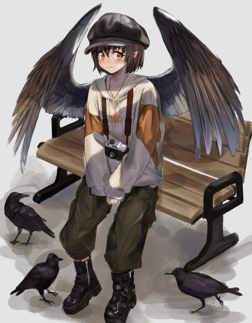 1girl absurdres alternate_costume alternate_headwear ankle_boots belt_boots bench black_footwear black_headwear black_wings boots brown_eyes brown_hair cabbie_hat camera camera_on_neck casual contemporary feathered_wings green_pants hat henginnnnnn highres hood hoodie looking_at_viewer pants park_bench pointy_ears shadow shameimaru_aya sitting smile solo tengu touhou white_background white_hoodie wings