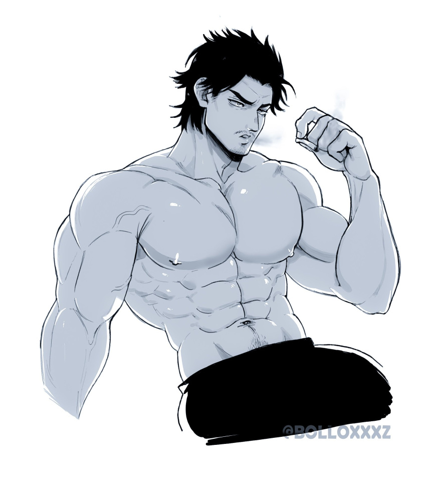 1boy abs artist_name bara biceps black_clover black_hair bolloxxxz cigarette facial_hair highres male_focus mature_male muscular muscular_male navel navel_hair nipples pants pectoral_cleavage pectorals smoke smoking spiked_hair stubble thick_arms topless topless_male veins veiny_arms white_background yami_sukehiro