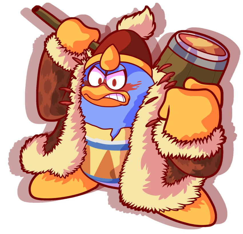 2022 angry angry_eyes anthro avian barefoot beak bird blue_body blue_skin clenched_teeth clothed clothing coat feet fist gloves hammer handwear hat headgear headwear hi_res holding_hammer holding_object holding_tool holding_weapon king king_dedede kirby_(series) kirby_and_the_forgotten_land looking_at_viewer male multicolored_body multicolored_skin nintendo overweight overweight_anthro overweight_male penguin pose raised_arm red_eyes reebee royalty shadow simple_background solo standing teeth tools topwear torn_clothing video_games weapon white_background yellow_beak yellow_body yellow_skin