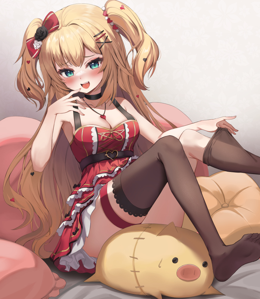 1girl :d absurdres akai_haato bangs bare_arms blonde_hair blue_eyes blush bow breasts brown_legwear dress eyebrows_visible_through_hair frilled_dress frills haaton_(akai_haato) hair_bow hair_ornament hairclip heart heart_hair_ornament highres hololive layered_dress long_hair looking_at_viewer medium_breasts no_shoes pharamacom red_bow red_dress sitting sleeveless sleeveless_dress smile solo thigh_strap thighhighs thighhighs_pull two_side_up very_long_hair virtual_youtuber x_hair_ornament