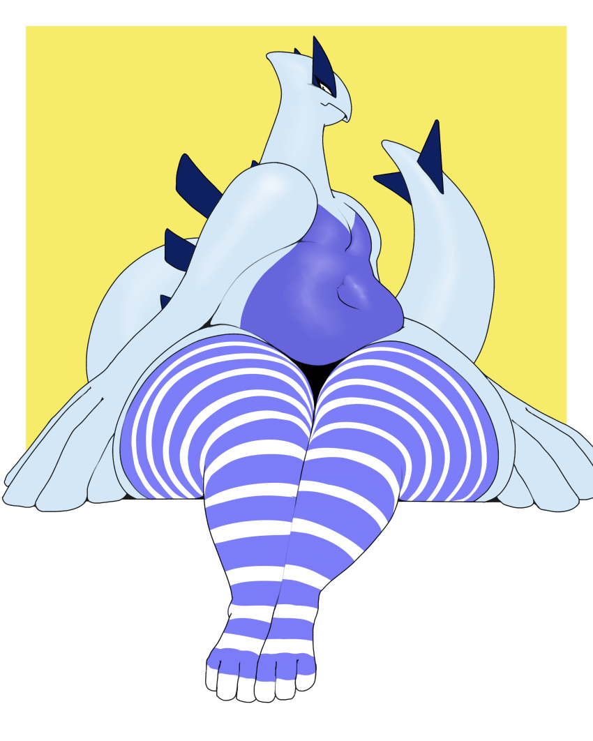 absurd_res ambiguous_gender anthro avian blue_clothing blue_legwear blue_thigh_highs chubby_anthro clothing front_view hi_res legendary_pok&eacute;mon legs_together legwear looking_at_viewer lugia nintendo pattern_clothing pattern_legwear pattern_thigh_highs pok&eacute;mon pok&eacute;mon_(species) simple_background sitting solo splashyu striped_clothing striped_legwear striped_thigh_highs stripes thick_thighs thigh_highs video_games white_clothing white_legwear white_thigh_highs