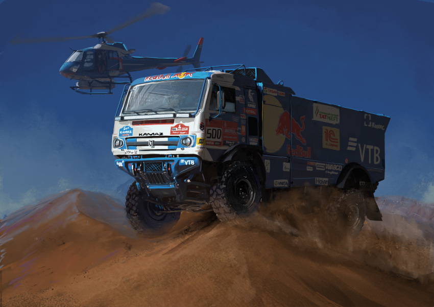 1other absurdres aircraft blue_sky commentary_request desert dust goodyear ground_vehicle helicopter highres license_plate mirroraptor motor_vehicle race_vehicle rally_truck red_bull russian_flag sky sponsor sticker truck vehicle_focus vehicle_request