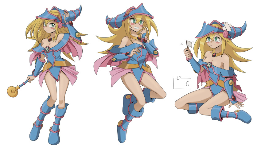 1girl blonde_hair blue_footwear blush_stickers breasts dark_magician_girl duel_monster flag flowers-imh full_body green_eyes hair_between_eyes hat highres long_hair medium_breasts multiple_views pentacle scared wand white_flag wizard_hat yu-gi-oh!