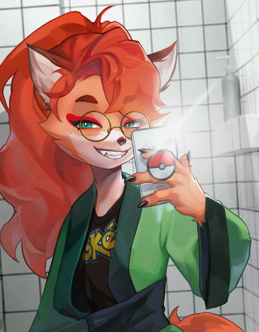 4_fingers absurd_res anthro black_claws black_clothing canid canine claws clothed clothing eyewear finger_claws fingers fox fur glasses green_clothing hi_res inside mammal momikacha orange_body orange_fur orange_hands red_fox round_glasses solo teeth